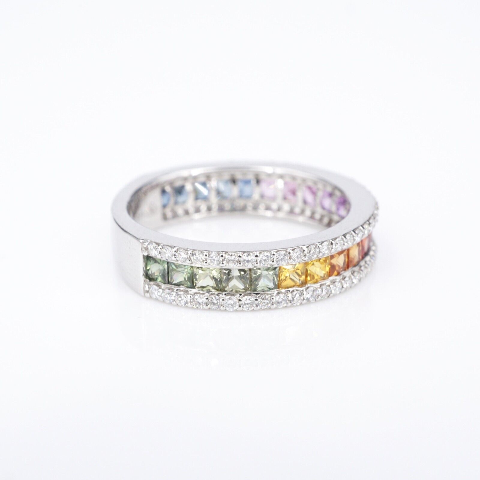 14k Diamond Rainbow Sapphire Band Ring White Gold Size 7.25 NWOT, view 8