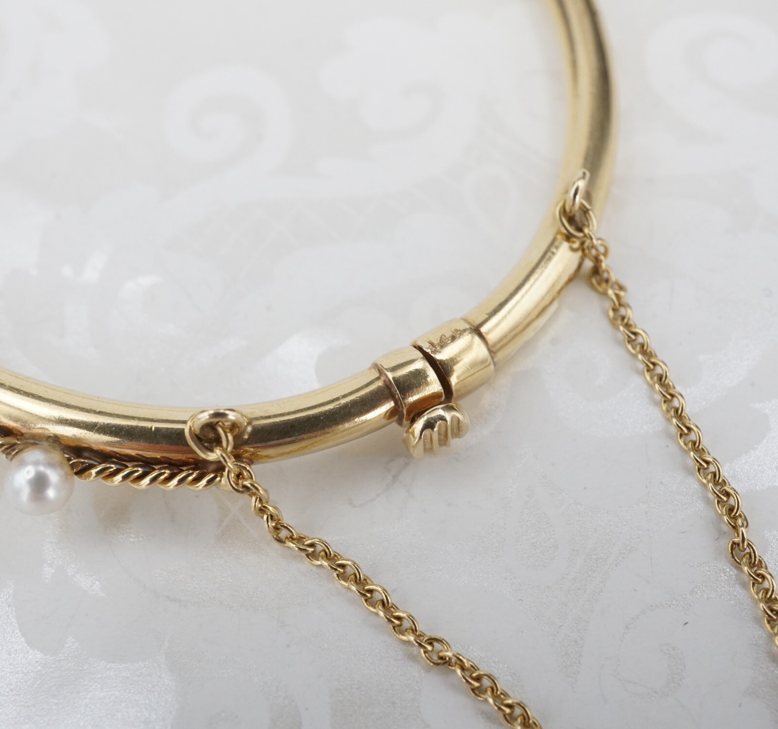 Vintage Diamond Garnet Pearl Hinged Bangle Bracelet 14k Yellow Gold 6.5", view 5