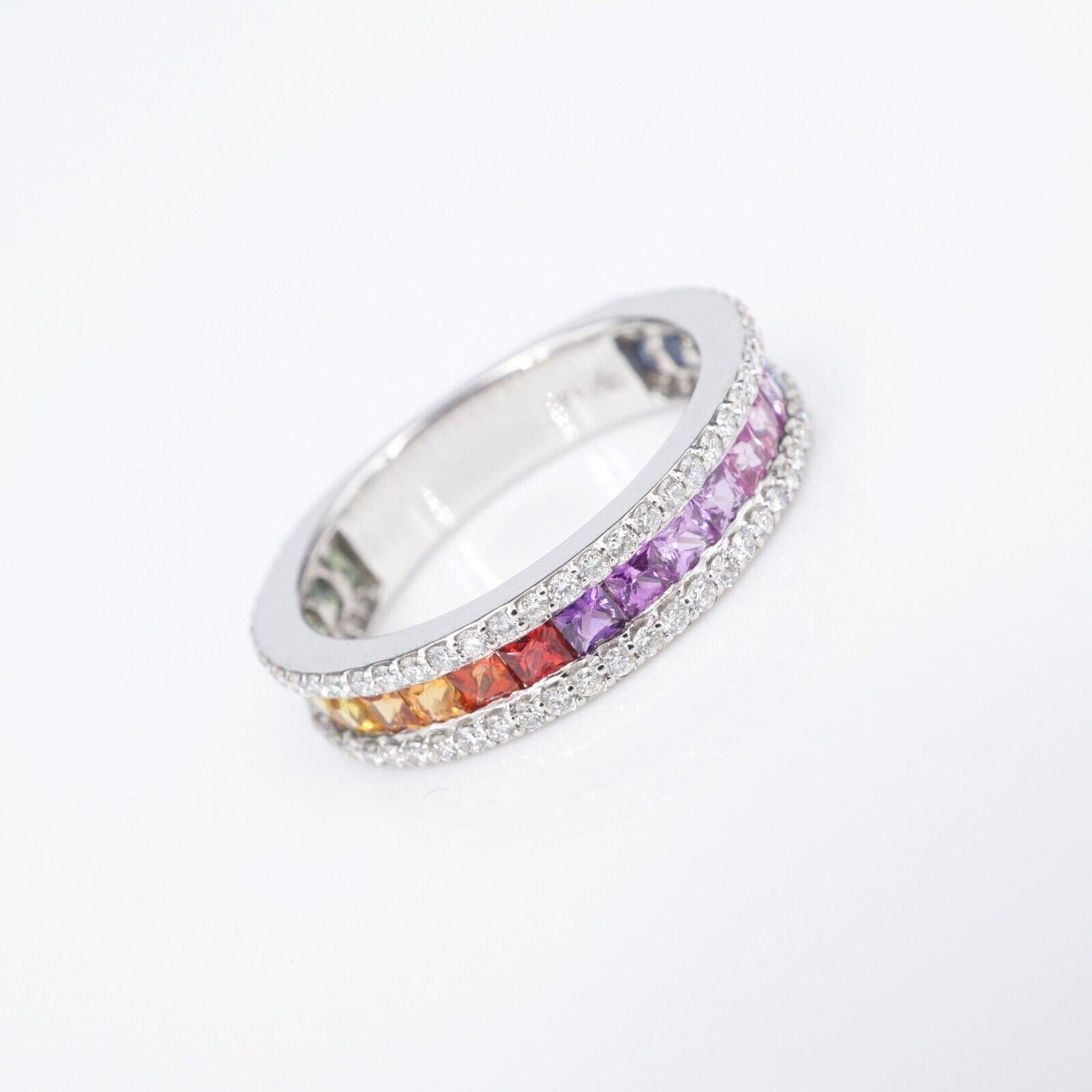 14k Diamond Rainbow Sapphire Band Ring White Gold Size 7.25 NWOT, view 4