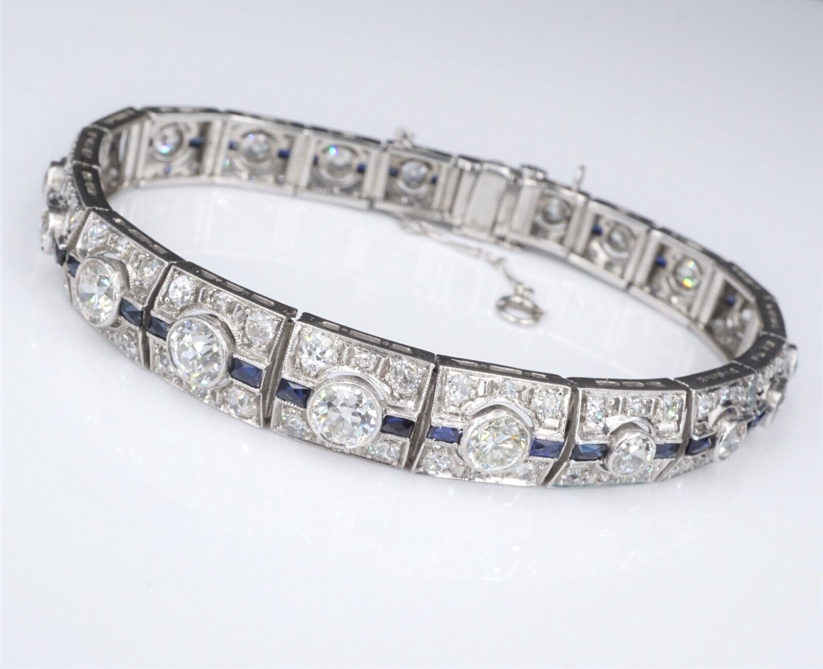 Art Deco Sapphire Diamond Bracelet Platinum Antique 9 carats 7.25", view 6