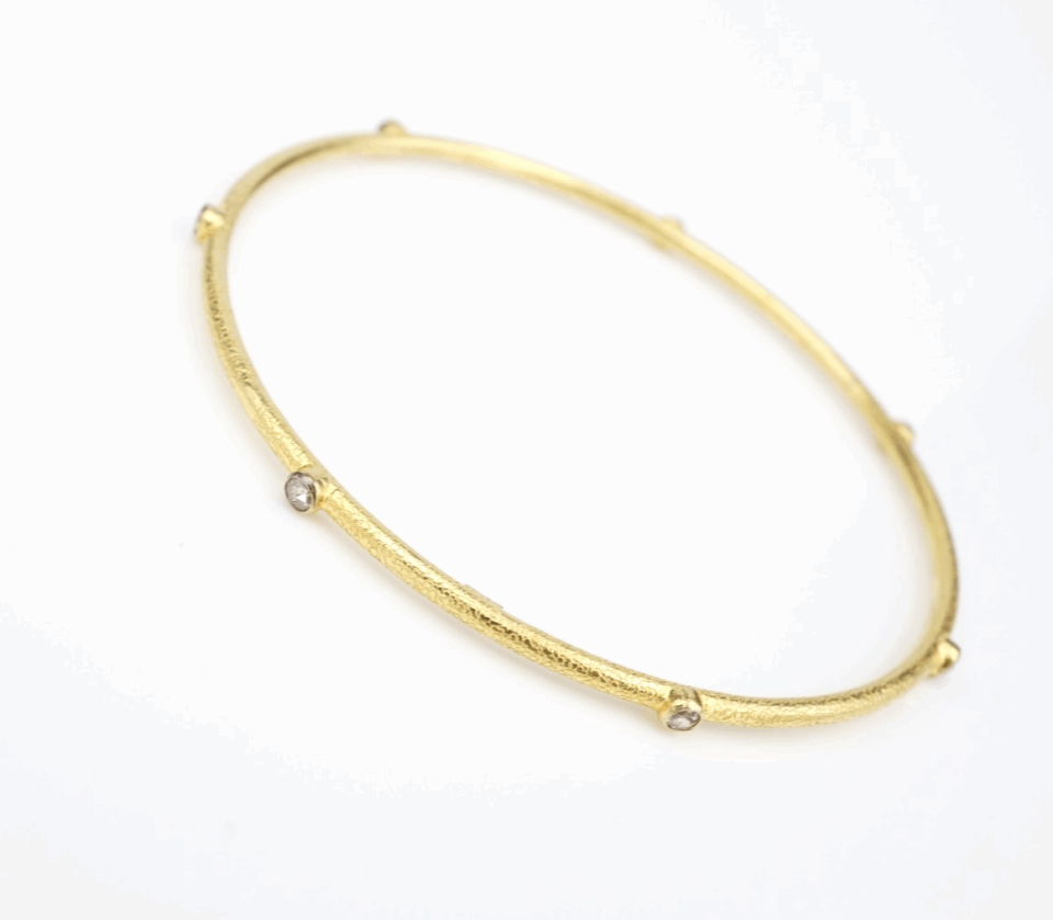 18k Diamond Station Bangle Bracelet Yellow Gold 7.5" Textured Vintage BG1039