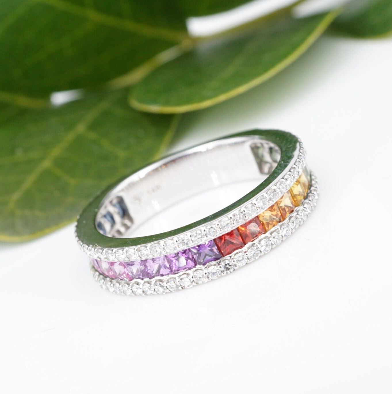 14k Diamond Rainbow Sapphire Band Ring White Gold Size 7.25 NWOT, view 1