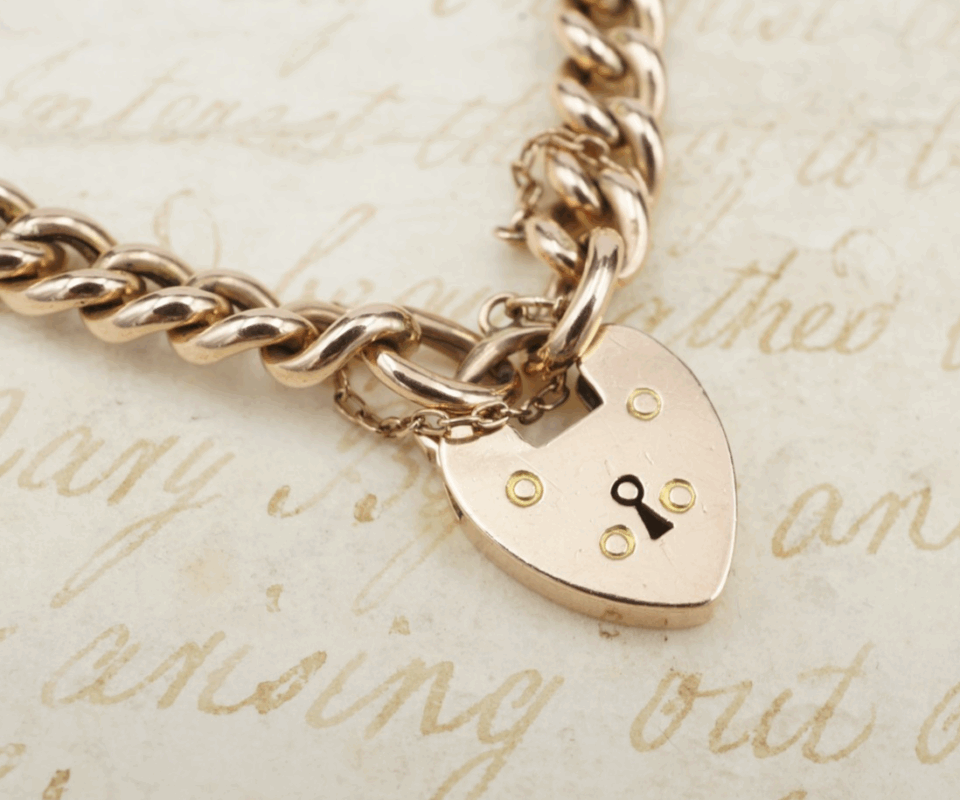 Victorian 9k Rose Gold Curb Link Heart Padlock Charm Bracelet 7" 7mm BG1040
