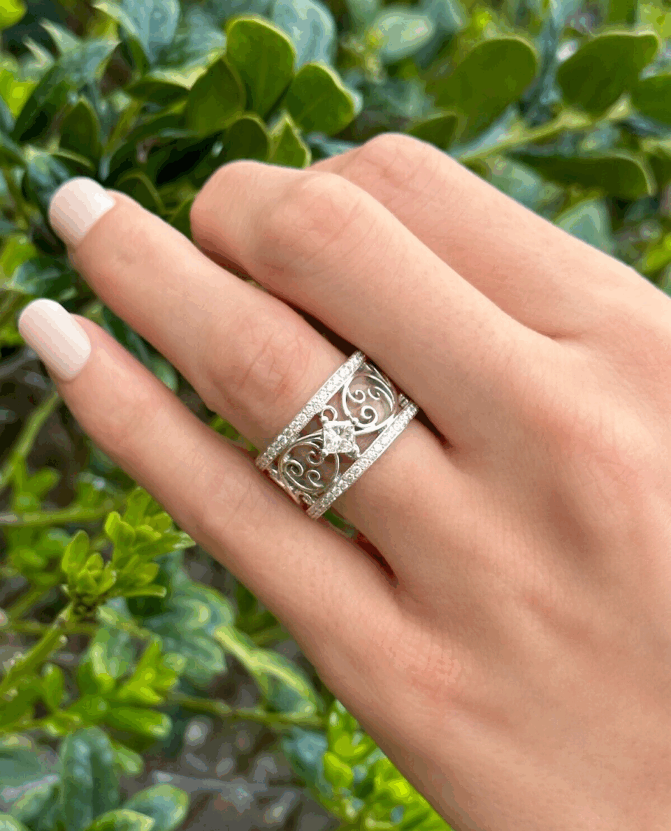 14k Diamond Wide Band Ring Filigree Scroll Size 8 Designer shown worn