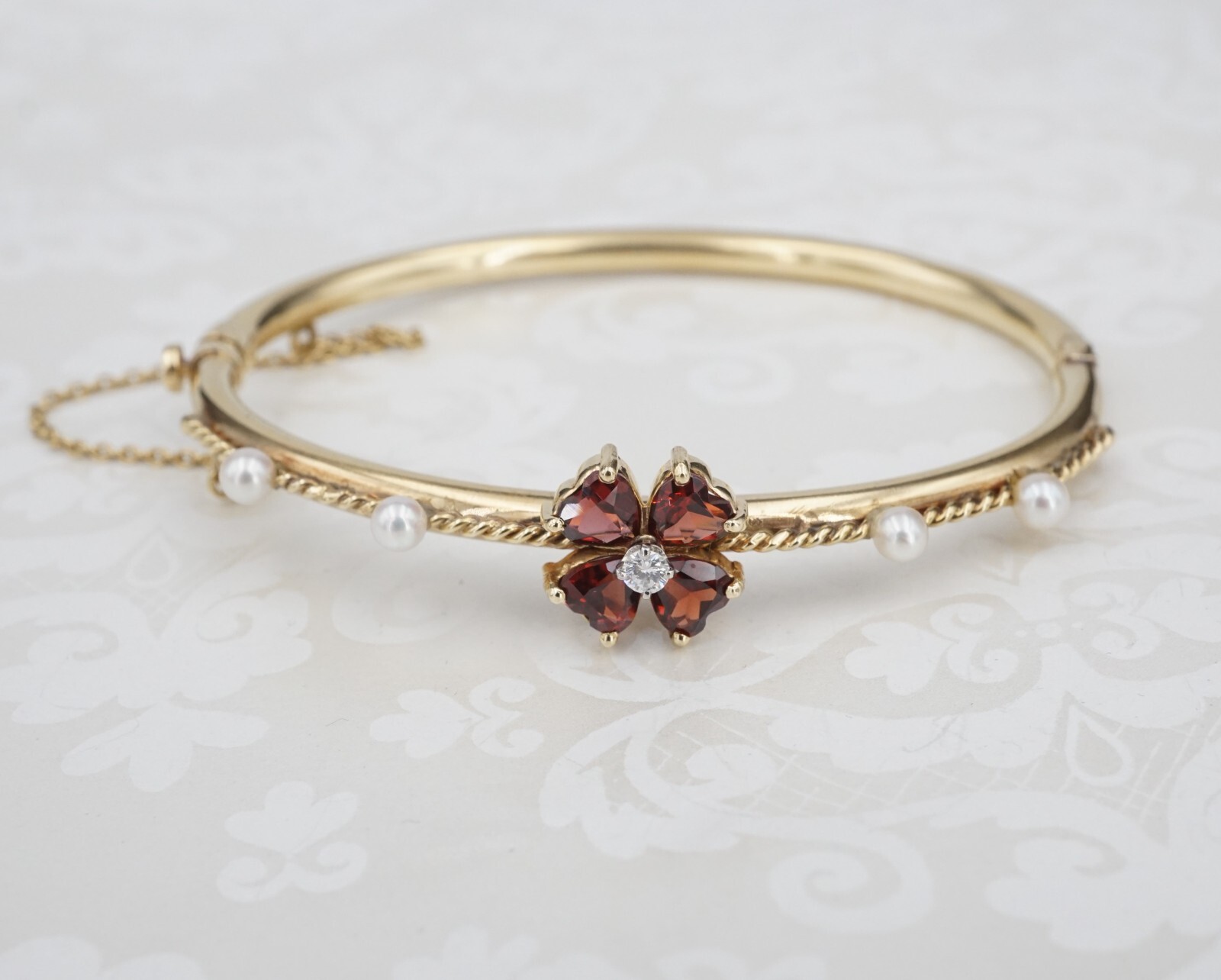 Vintage Diamond Garnet Pearl Hinged Bangle Bracelet 14k Yellow Gold 6.5", view 3