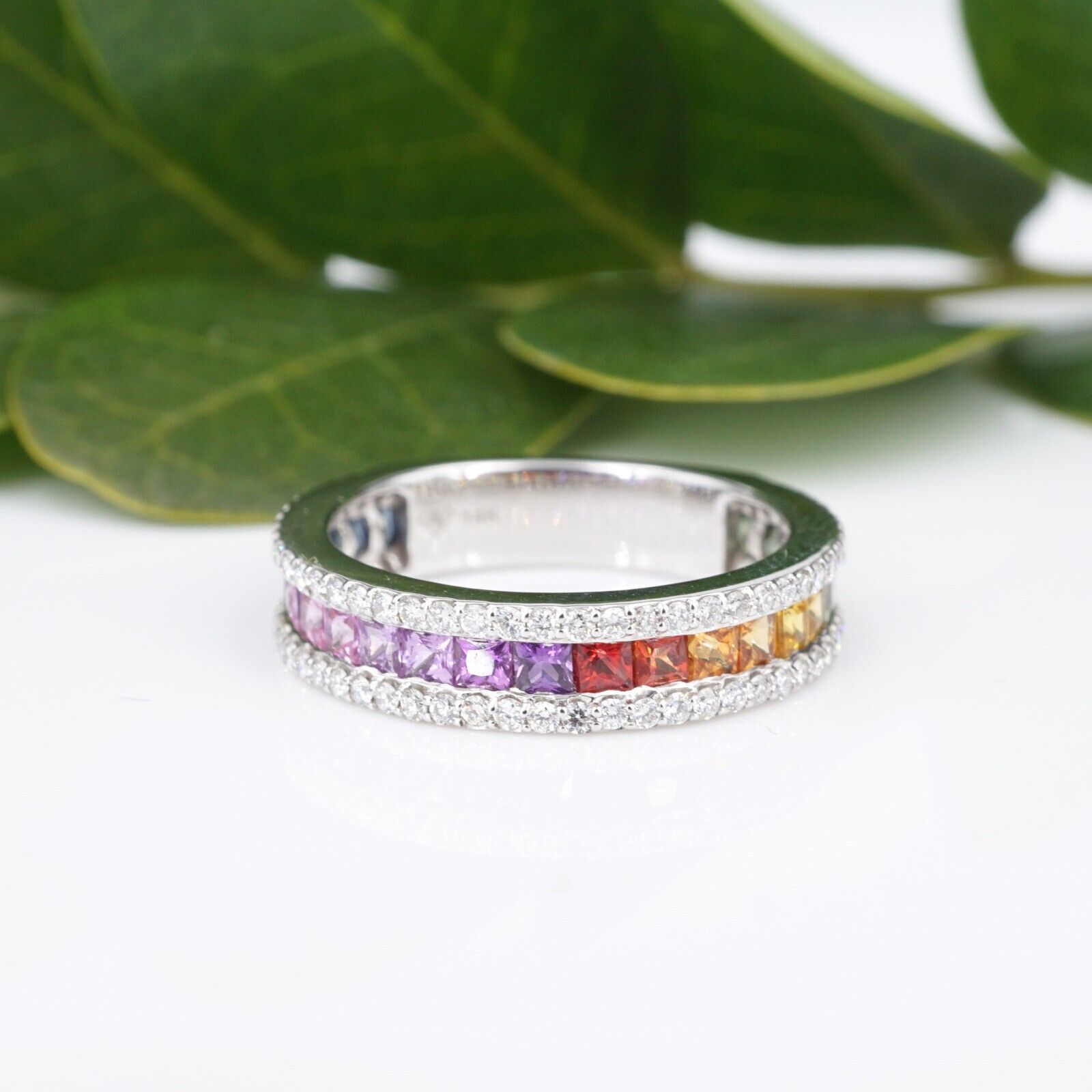 14k Diamond Rainbow Sapphire Band Ring White Gold Size 7.25 NWOT, view 3