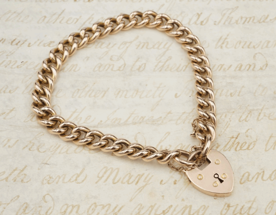 Victorian 9k Rose Gold Curb Link Heart Padlock Charm Bracelet 7" 7mm, view 2