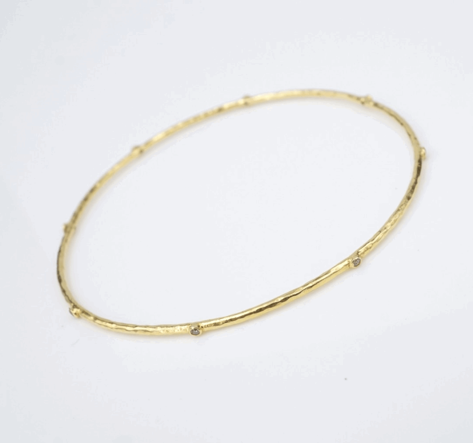 18k Diamond Bangle Bracelet Hammered Yellow Gold Station 8" Slim BG1037