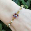 Vintage Diamond Garnet Pearl Hinged Bangle Bracelet 14k Yellow Gold 6.5" shown worn