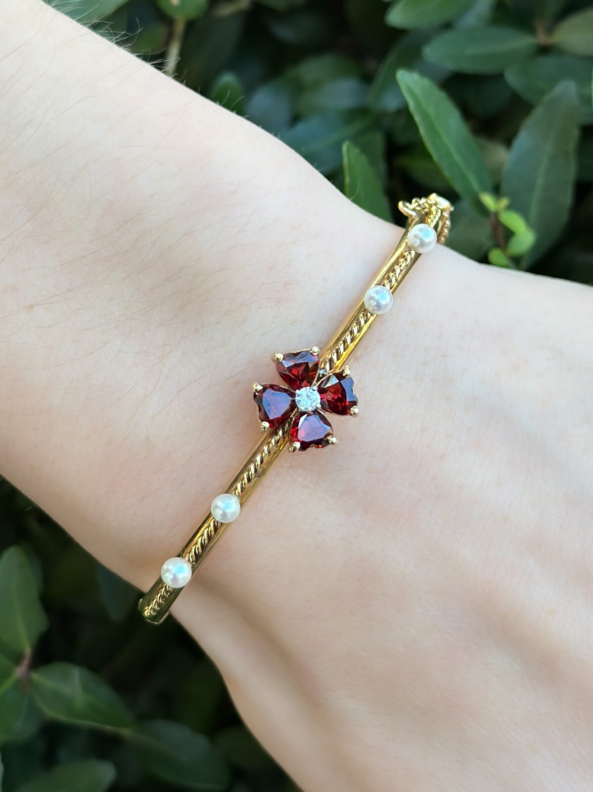 Vintage Diamond Garnet Pearl Hinged Bangle Bracelet 14k Yellow Gold 6.5" shown worn