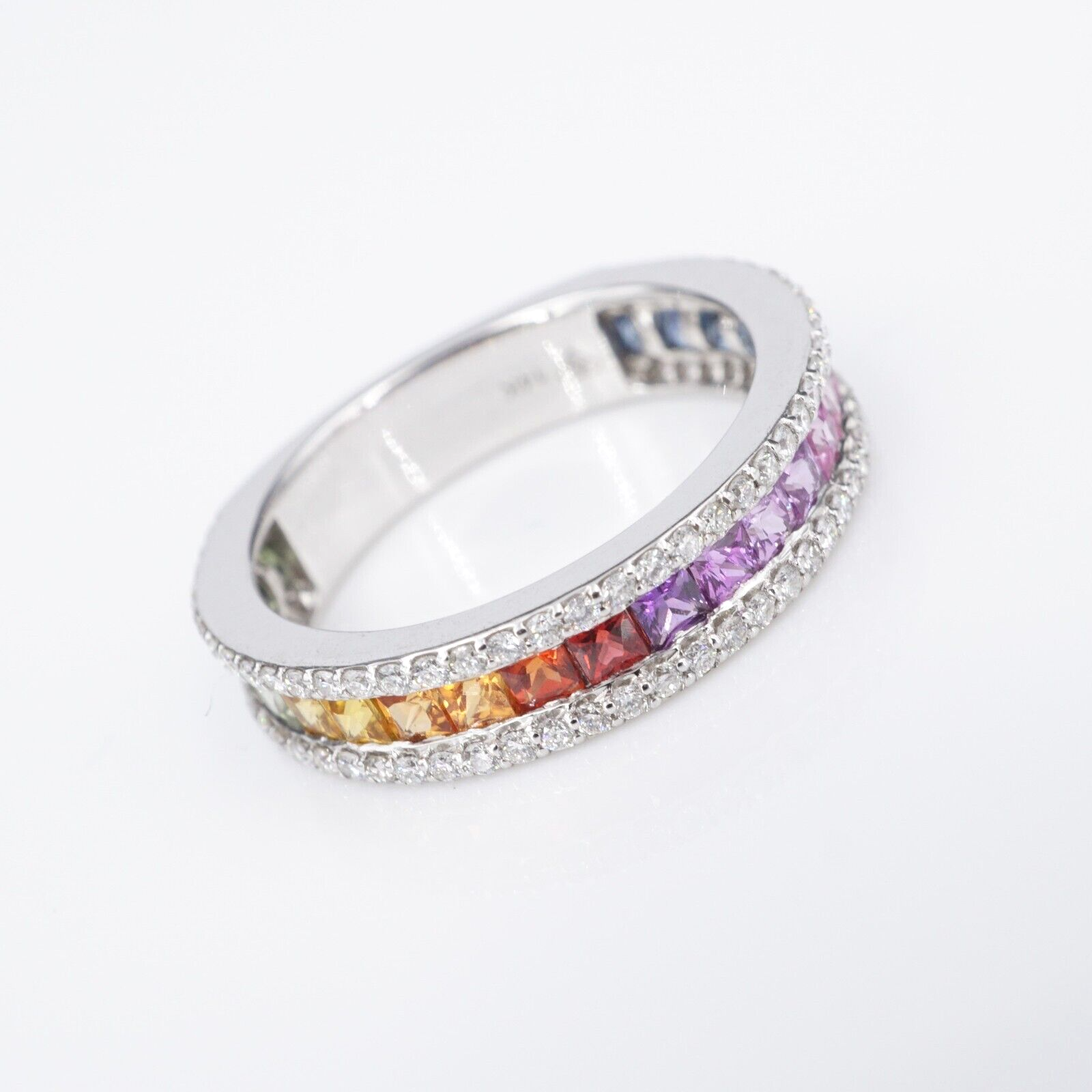 14k Diamond Rainbow Sapphire Band Ring White Gold Size 7.25 NWOT, view 5