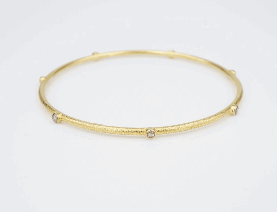 18k Diamond Station Bangle Bracelet Yellow Gold 7.5" Textured Vintage, view 2