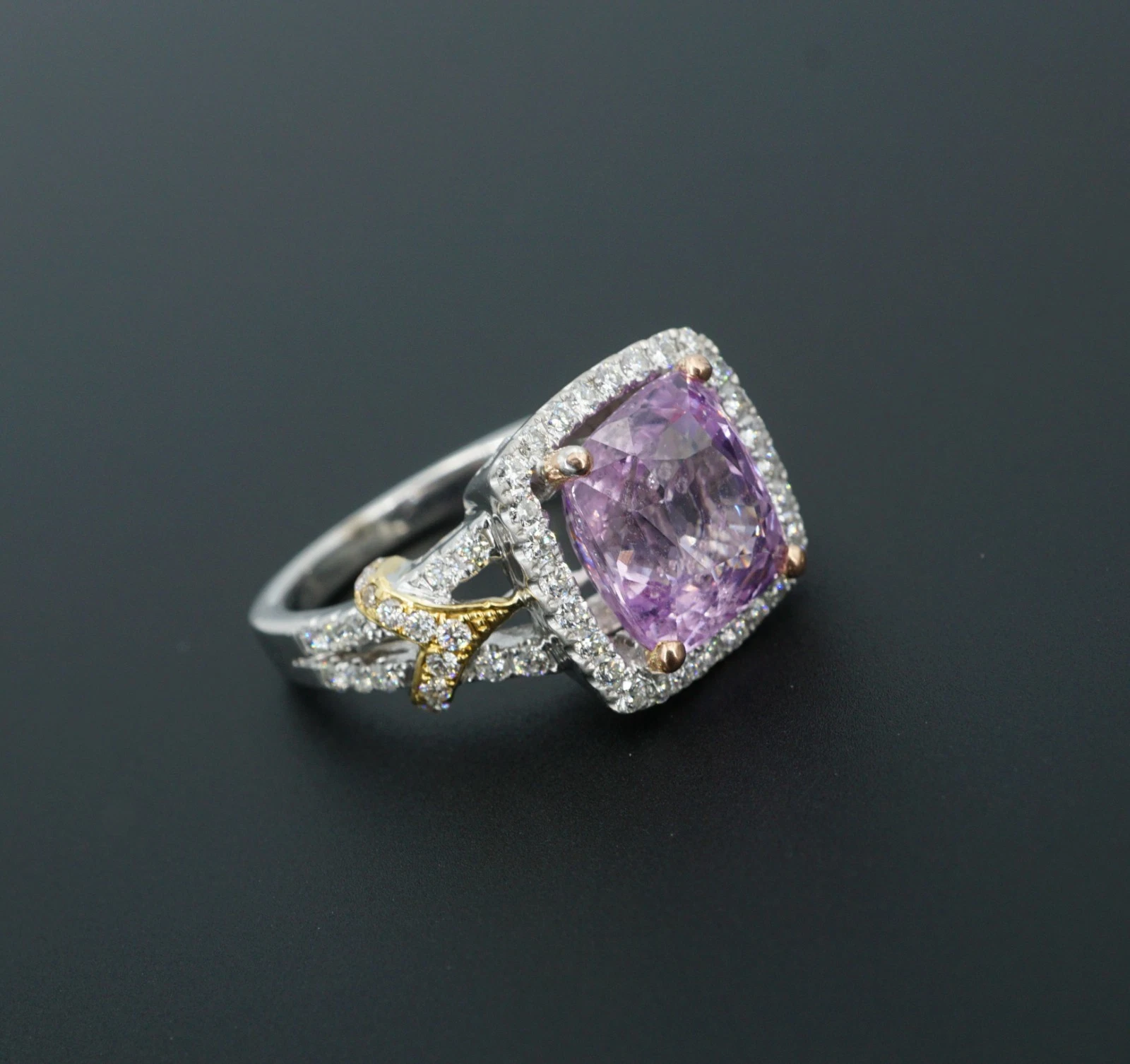 18k Pink Sapphire Diamond Halo Engagement Ring Tri Gold Size 7, view 6