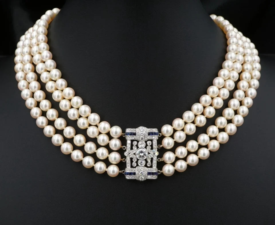 Antique Platinum 4 Strand Pearl Necklace Diamond Sapphire 18" Art Deco CO1315