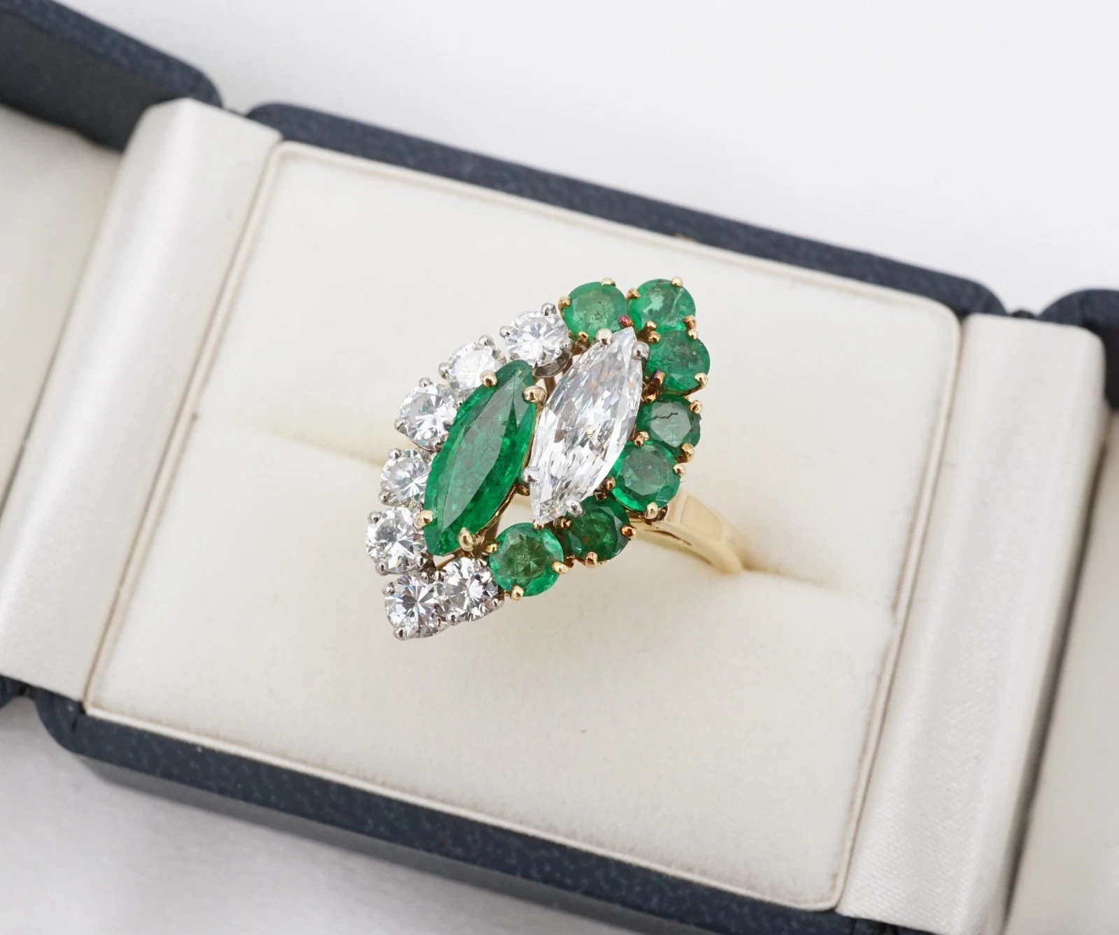 3ctw Natural Emerald Diamond Navette Toi et Moi Bypass Ring 18k Size 8.25, view 5