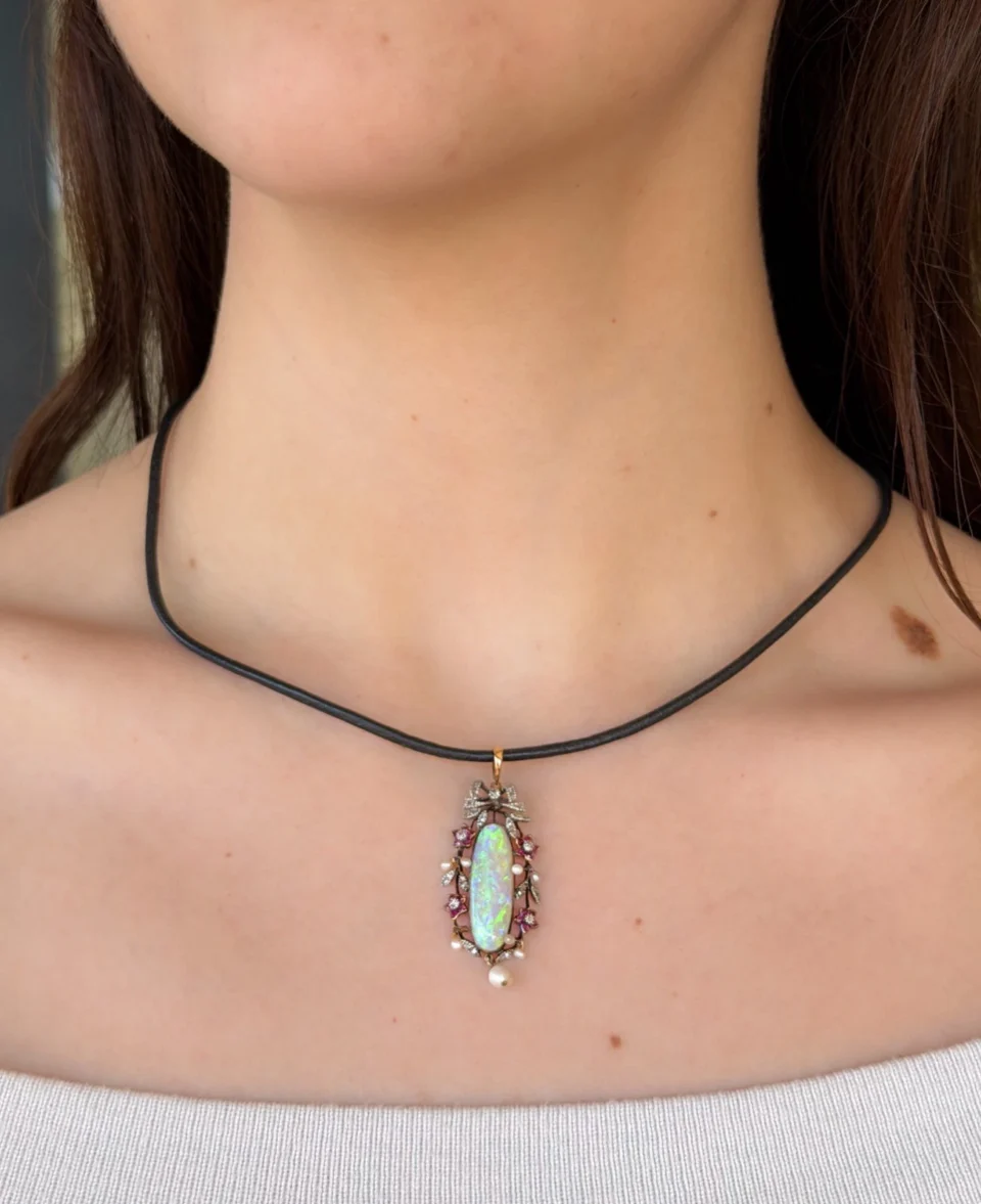 Antique 18k Opal Diamond Ruby Pendant Yellow Gold Fitted Box, view 3