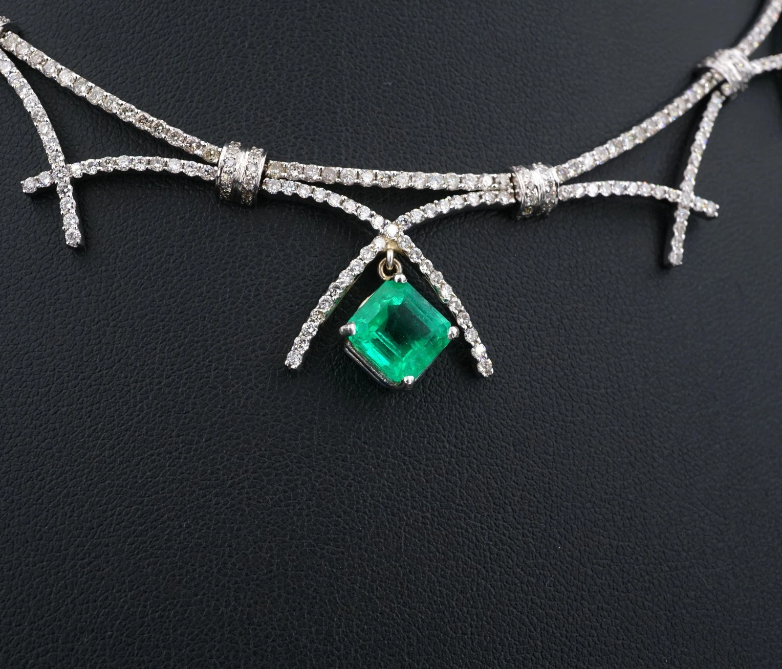 Vintage 2.5ct Colombian Emerald Diamond Bib Necklace 14k White Gold 16", view 4