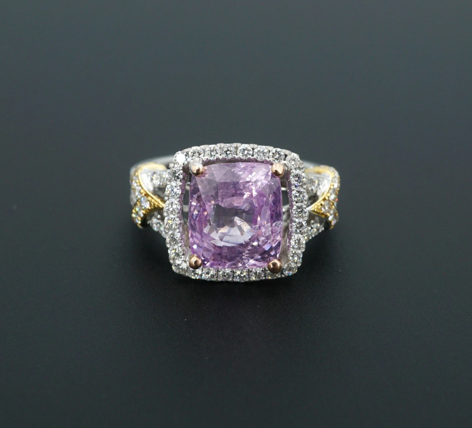 18k Pink Sapphire Diamond Halo Engagement Ring Tri Gold Size 7, view 4