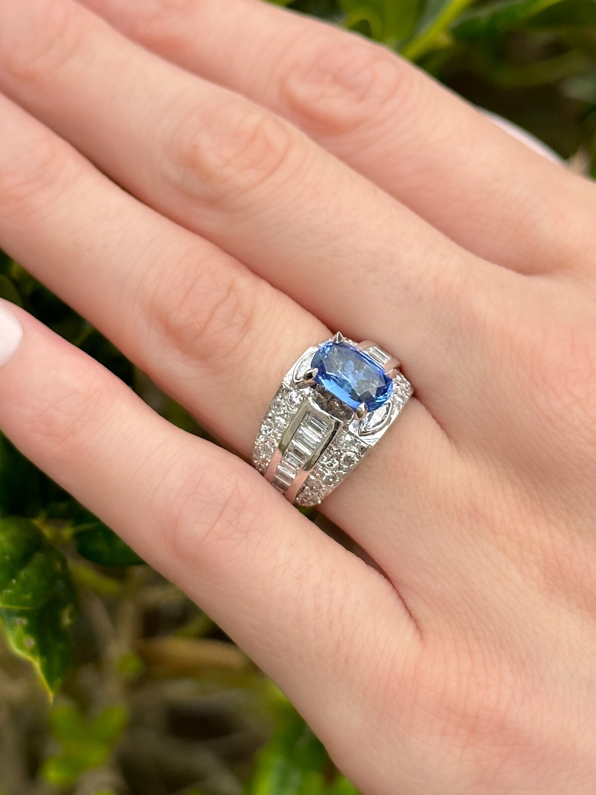 14k Natural Blue Sapphire Diamond Cocktail Ring White Gold Size 5 Vintage, view 8