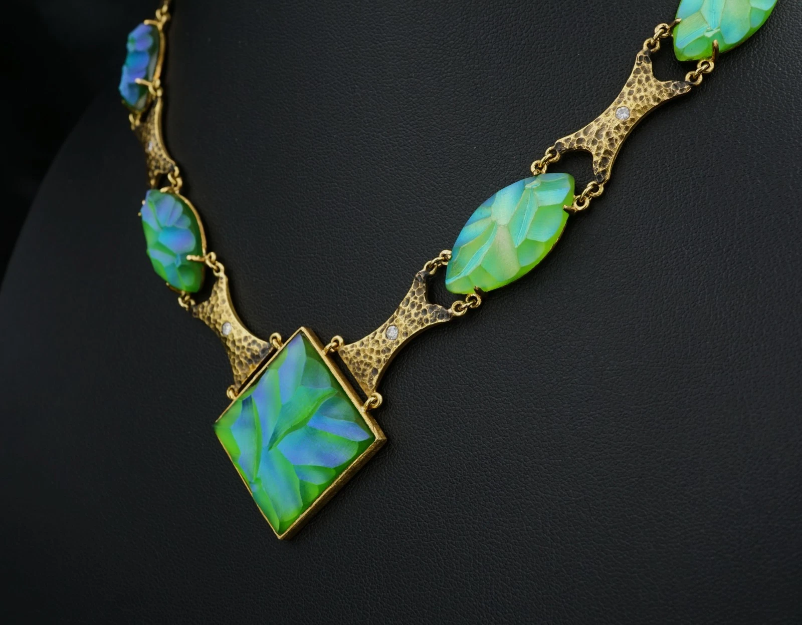 Vintage 18k Carved Blue Favrile Glass Diamond Suite 1.4ctw Yellow Gold, view 3