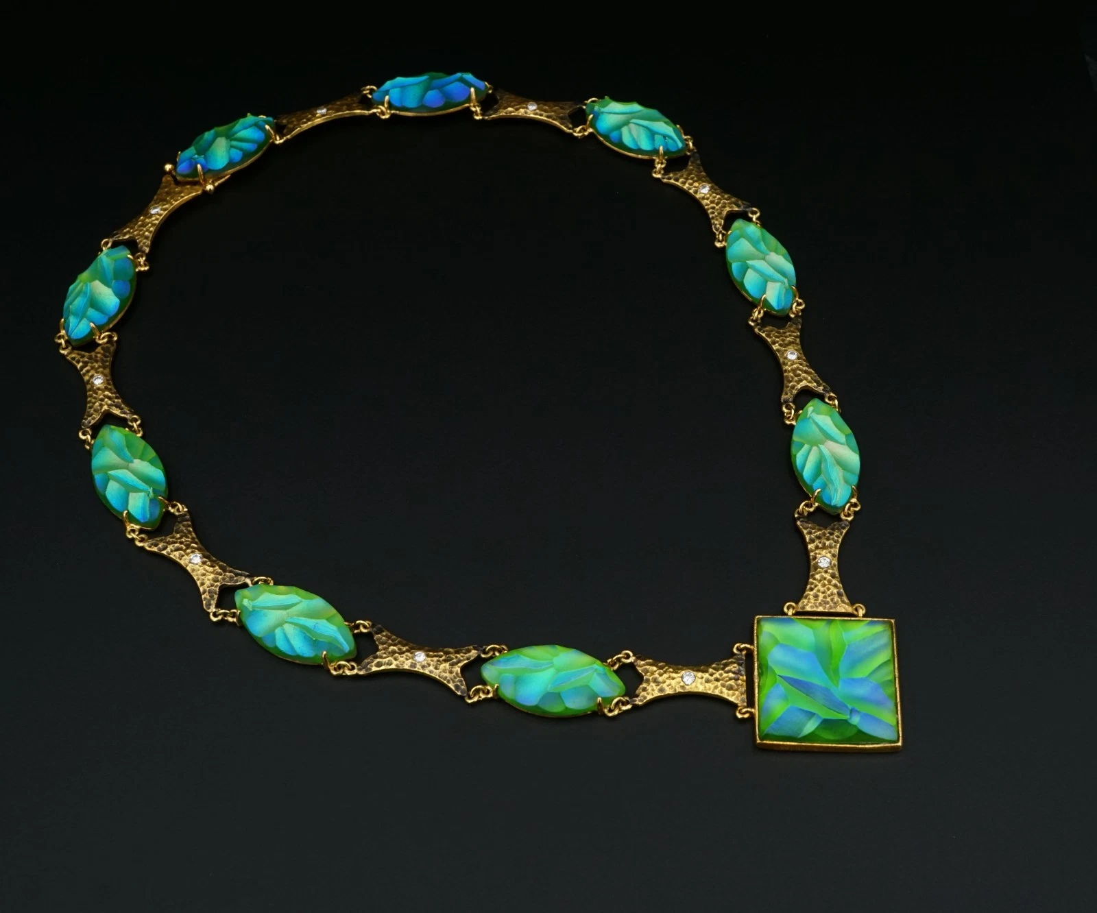 Vintage 18k Carved Blue Favrile Glass Diamond Suite 1.4ctw Yellow Gold, view 4