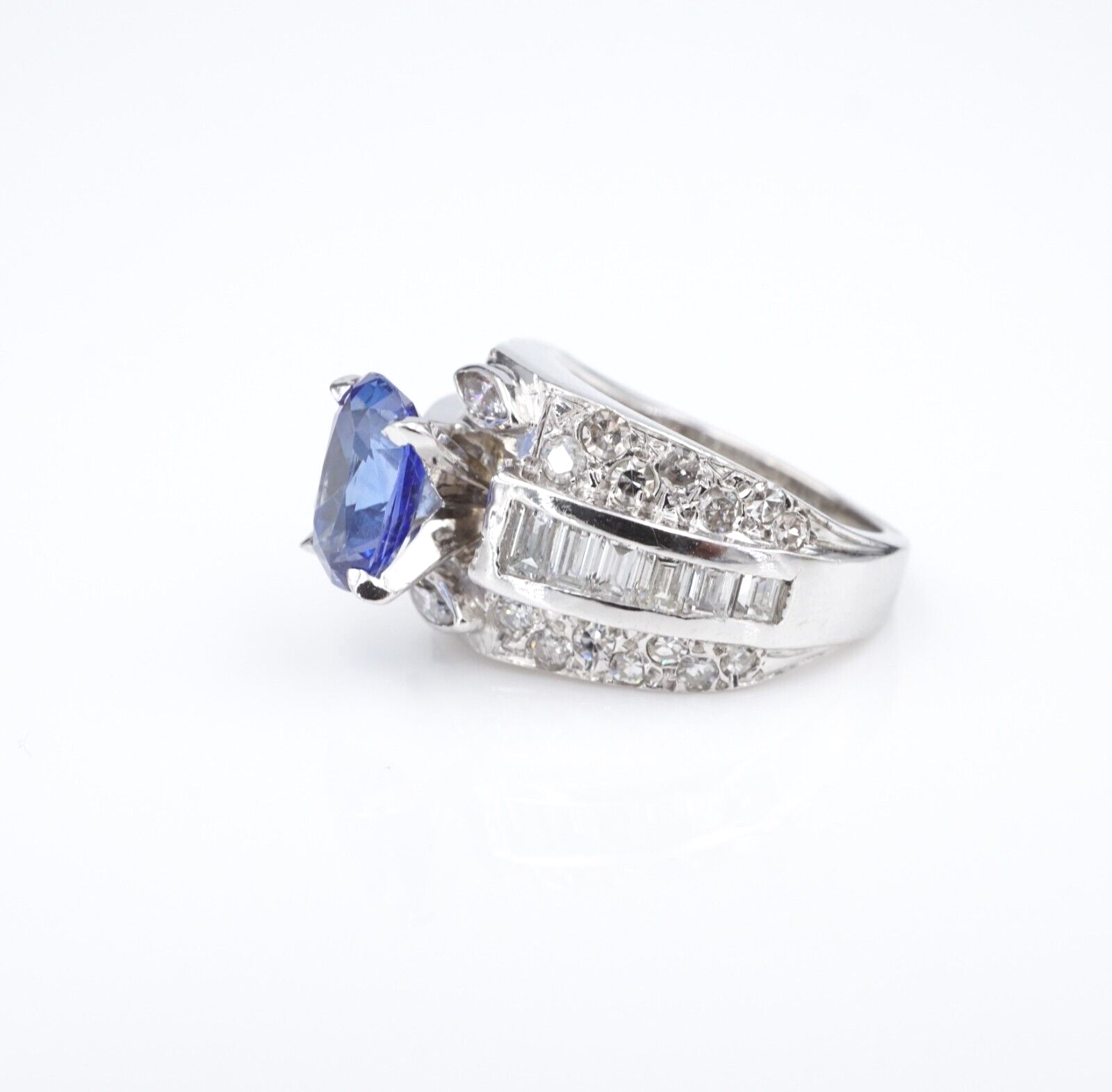 14k Natural Blue Sapphire Diamond Cocktail Ring White Gold Size 5 Vintage, view 5