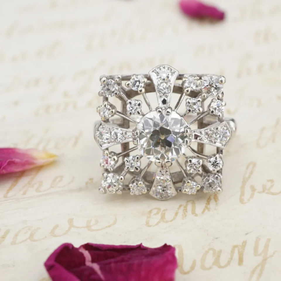 Antique 18K Old Mine Diamond Halo Ring White Gold 2.3 ctw Sz 6.5 Square, view 2
