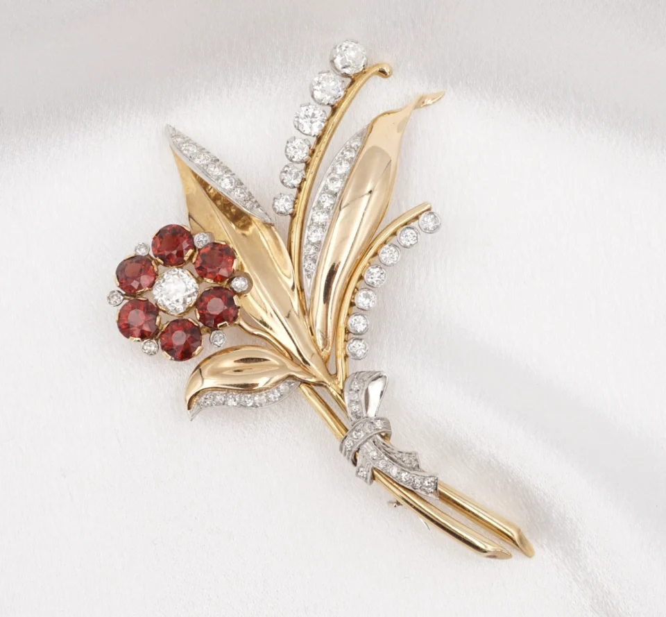 Vintage Platinum 18k Gold 9.5cttw Garnet Diamond OEC Floral Pin Brooch 3" CO1329