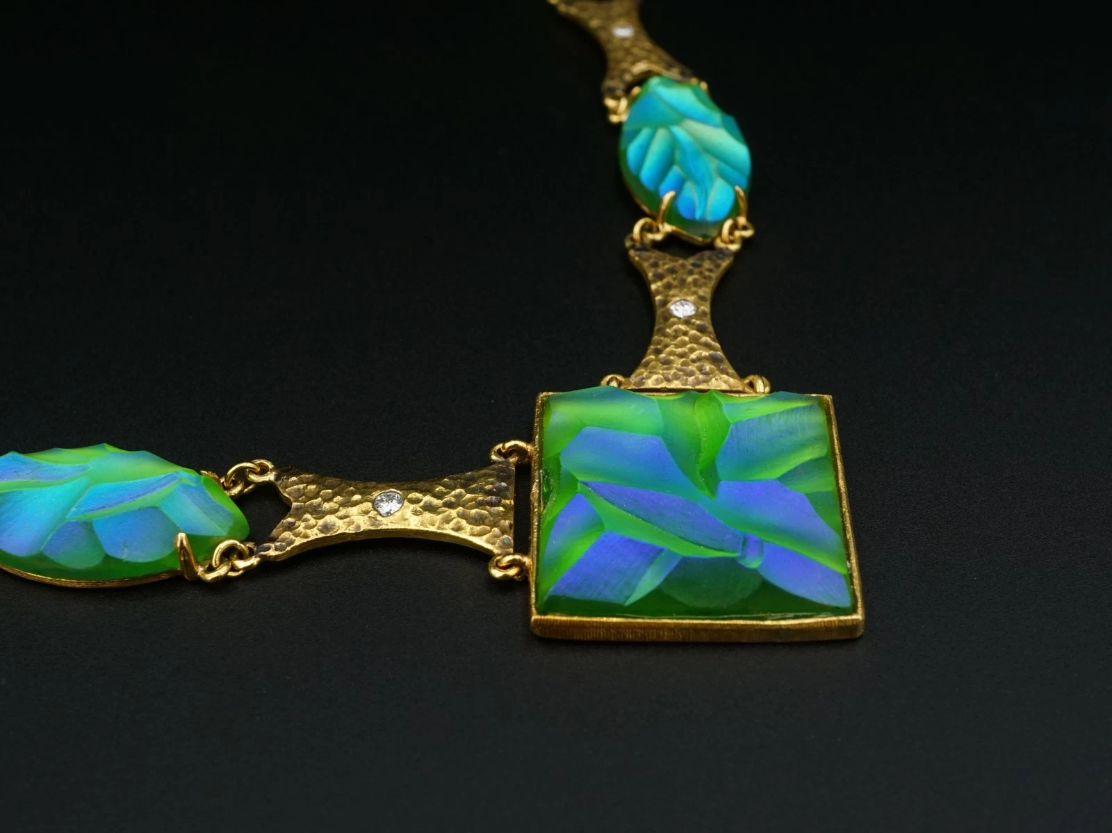 Vintage 18k Carved Blue Favrile Glass Diamond Suite 1.4ctw Yellow Gold, view 6