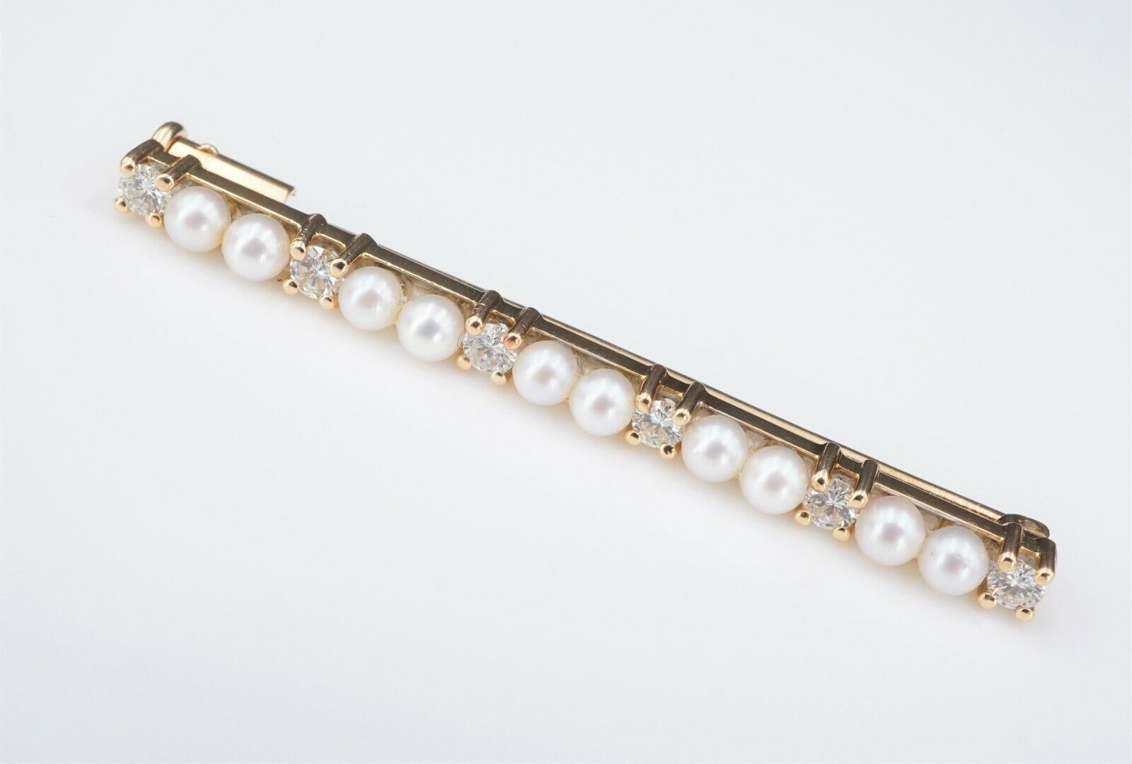 Vintage 18k Diamond Pearl Bar Pin Brooch Yellow Gold 1/2 carat 2", view 1