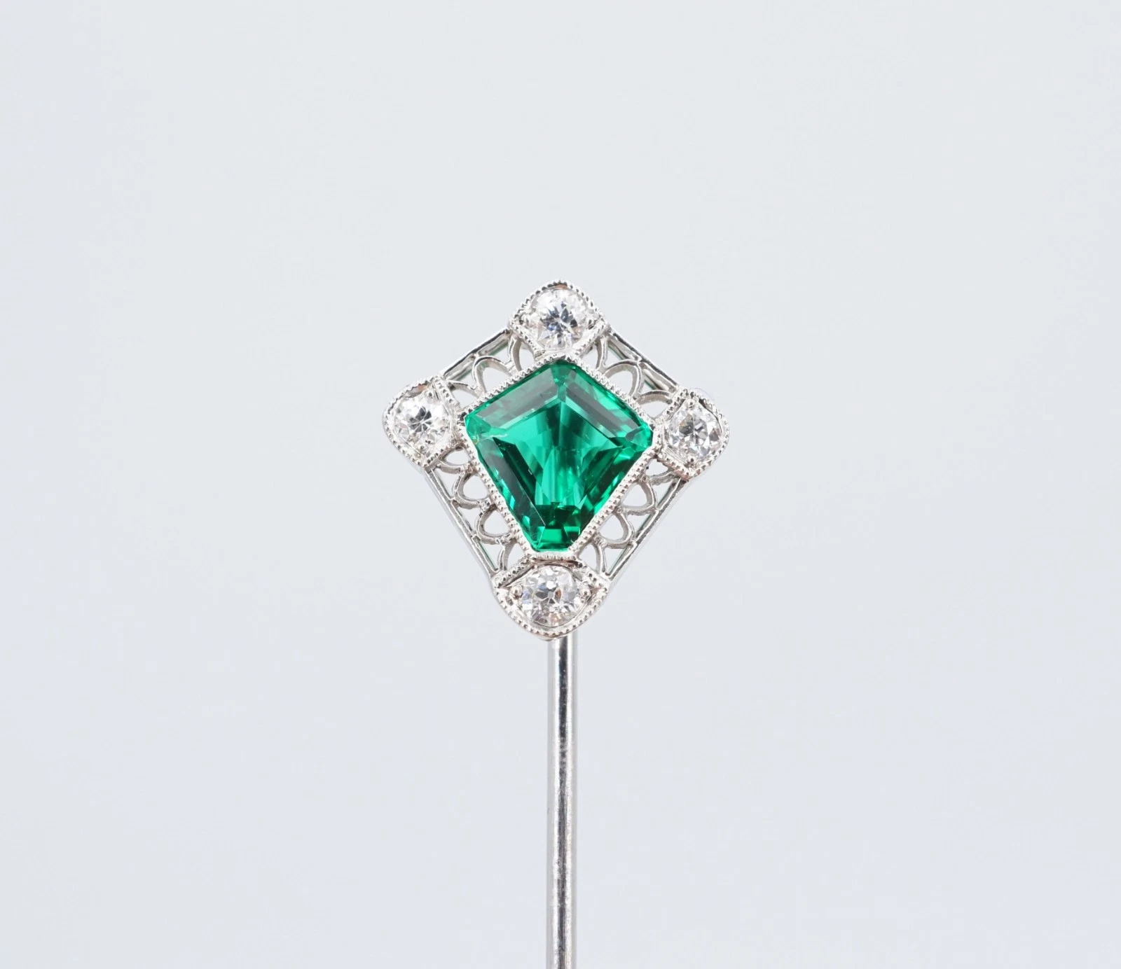 Platinum Colombian Emerald Natural OMC Diamond Stick Pin Antique Hat Pin, view 6
