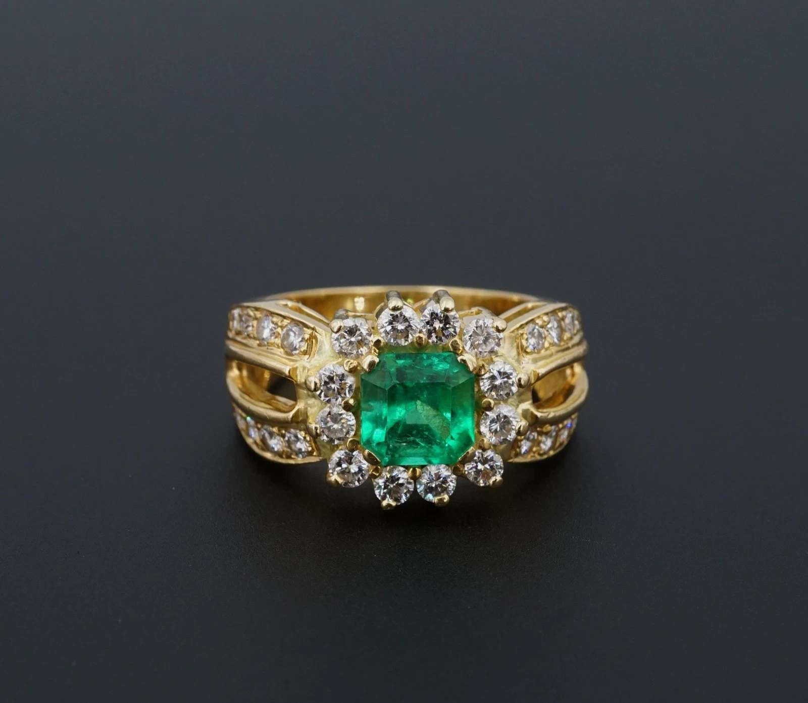 18k Gold 1.1ct Colombian Emerald Diamond Halo Cocktail Ring Sz 7 GIA F1, view 3