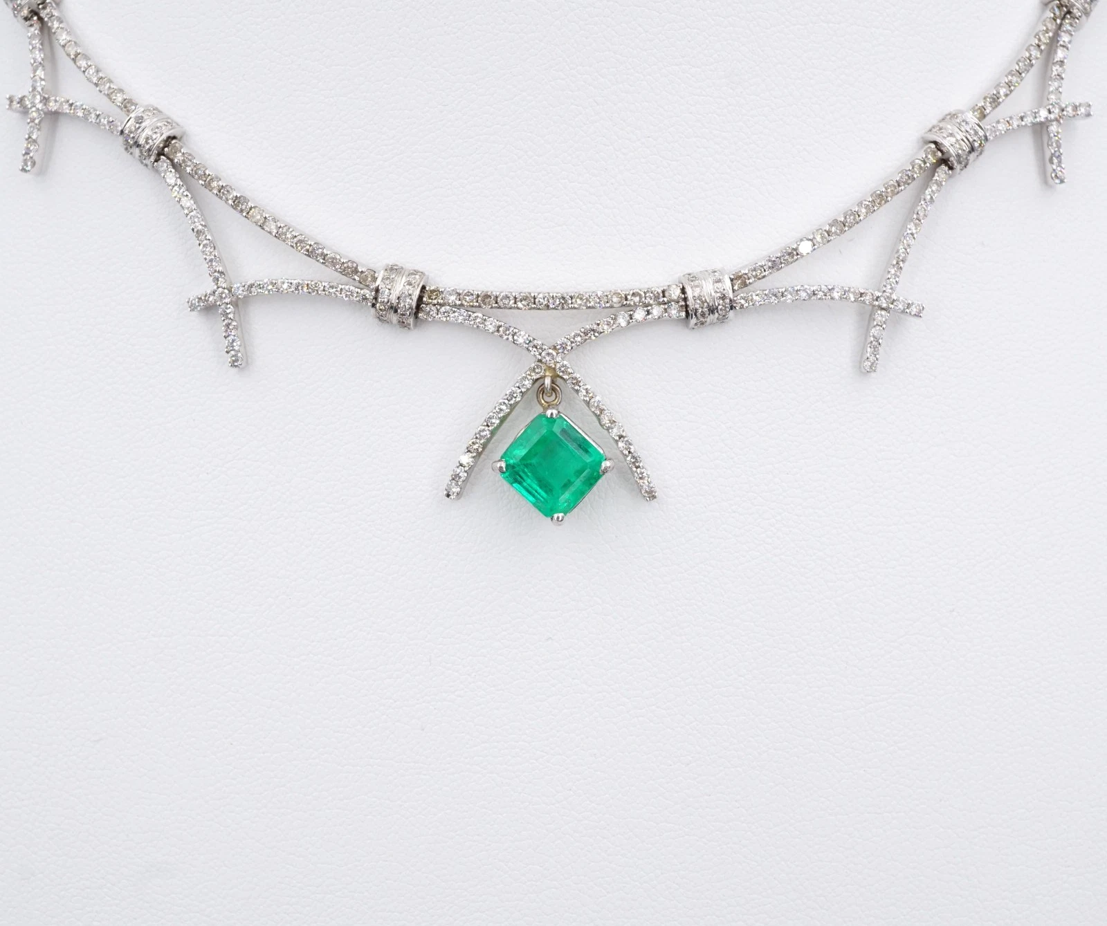 Vintage 2.5ct Colombian Emerald Diamond Bib Necklace 14k White Gold 16", view 6