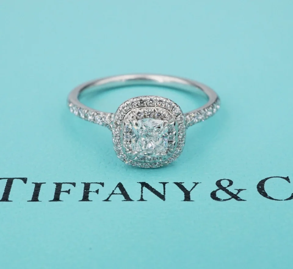 Tiffany & Co. Soleste Diamond Halo Ring Platinum Size 7.5 1 ctw Cushion CO1261