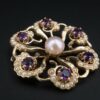 Vtg 14k Yellow Gold Amethyst Seed Pearl Sunburst Scroll Pin Brooch 1.4", view 4