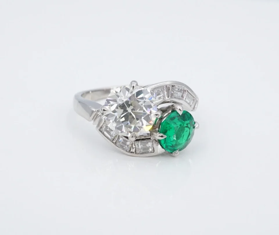 2.7ct Natural Emerald & Diamond Bypass Toi et Moi Ring Size 6 Vintage RG5131