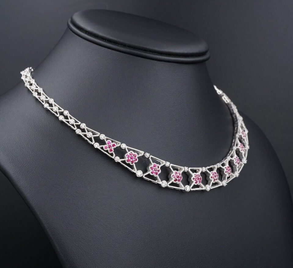Vintage 14k White Gold Diamond Ruby Necklace 16" Collar Floral 3ctw, view 3