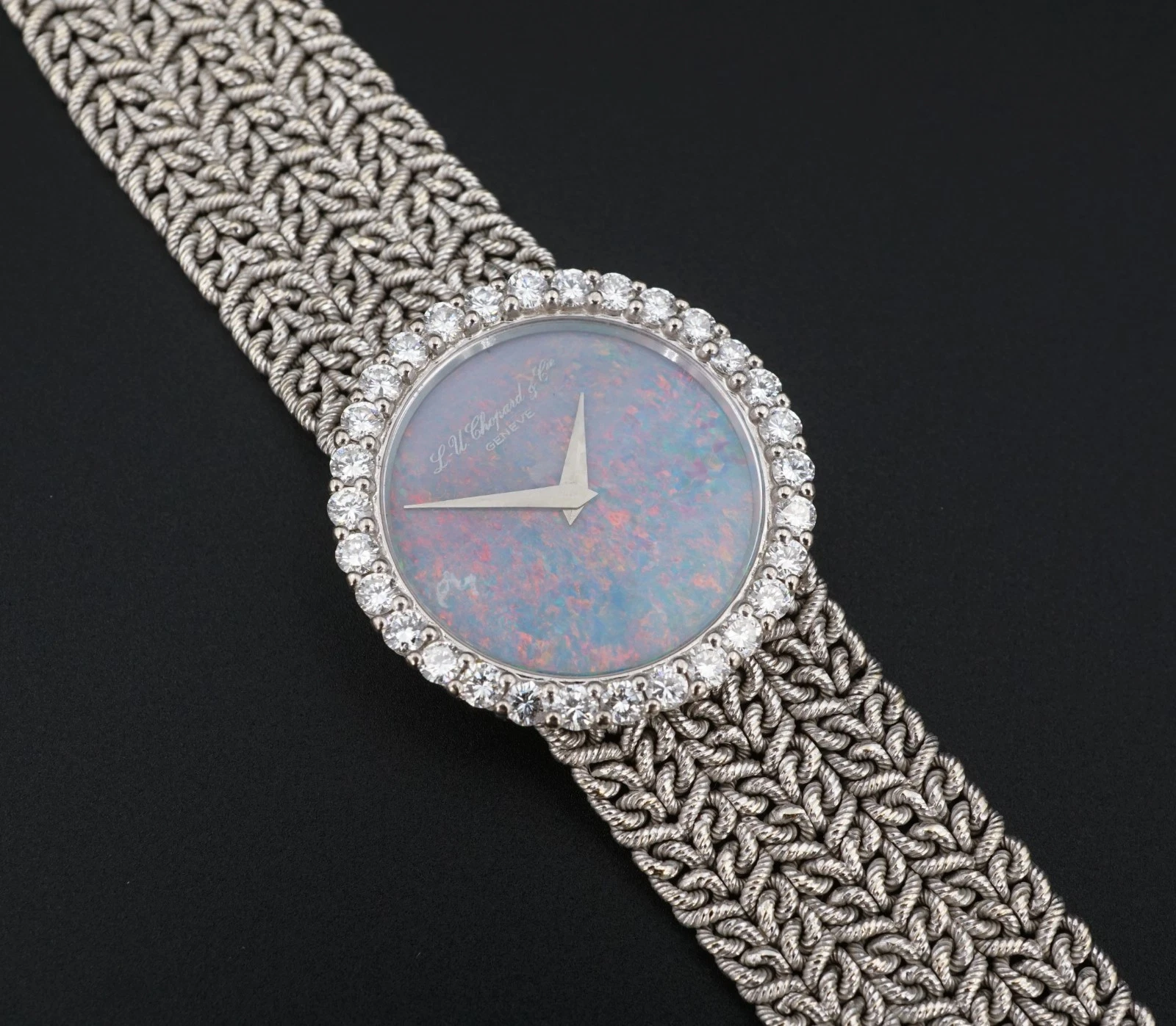 Vtg Chopard 18k Gold Black Opal Diamond Bezel Woven Cocktail Watch 27mm, view 4