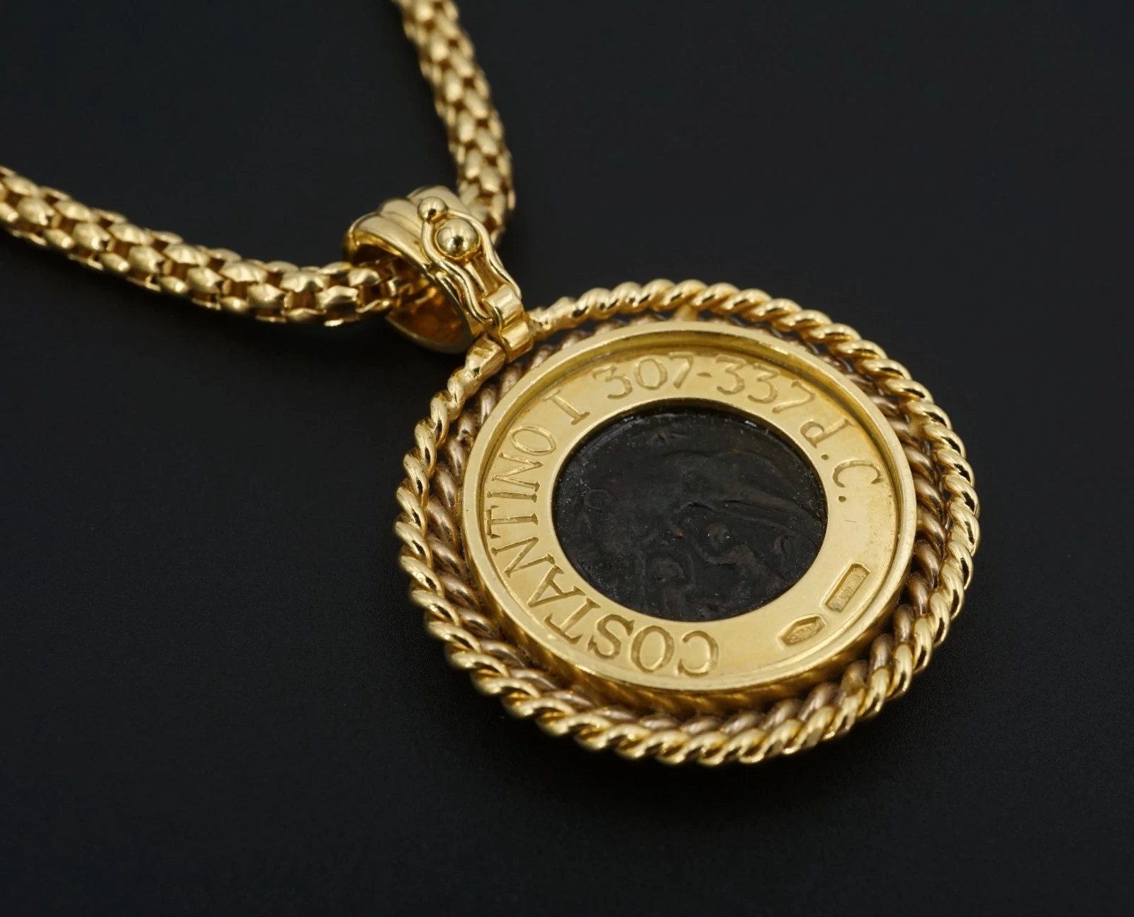 18k Bronze Roman Coin Pendant Necklace Yellow Gold 18" Constantine I FOPE, view 4