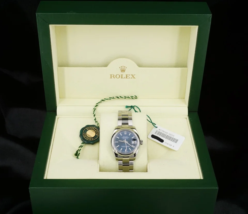 DJ31 DateJust Rolex 178240 SS Warranty 31mm Blue Dial Box Tags, view 2