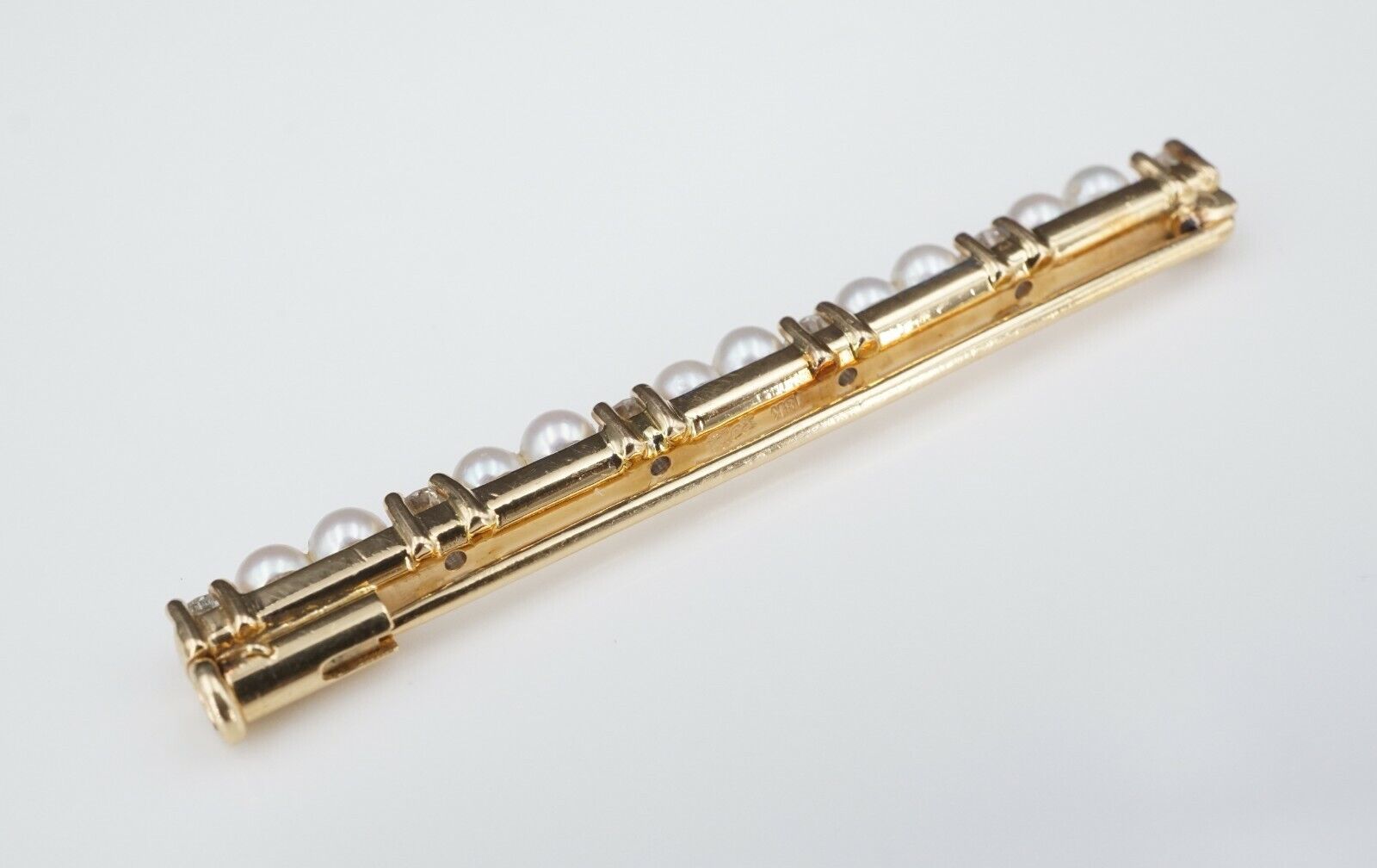 Vintage 18k Diamond Pearl Bar Pin Brooch Yellow Gold 1/2 carat 2", view 4