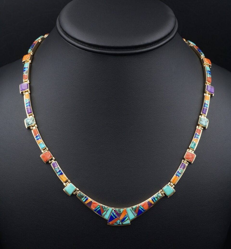 Calvin Begay 14K Gold Navajo Inlay Necklace Turquoise Coral Opal 18" CO1262A