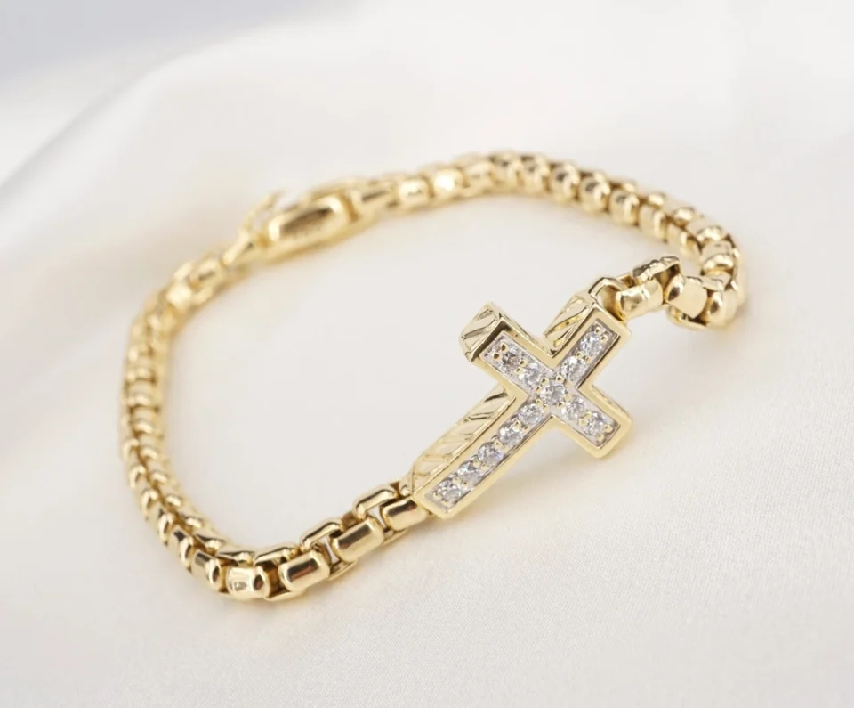 David Yurman 18k Diamond Cross Station Bracelet Yellow Gold 9" 5mm, view 3