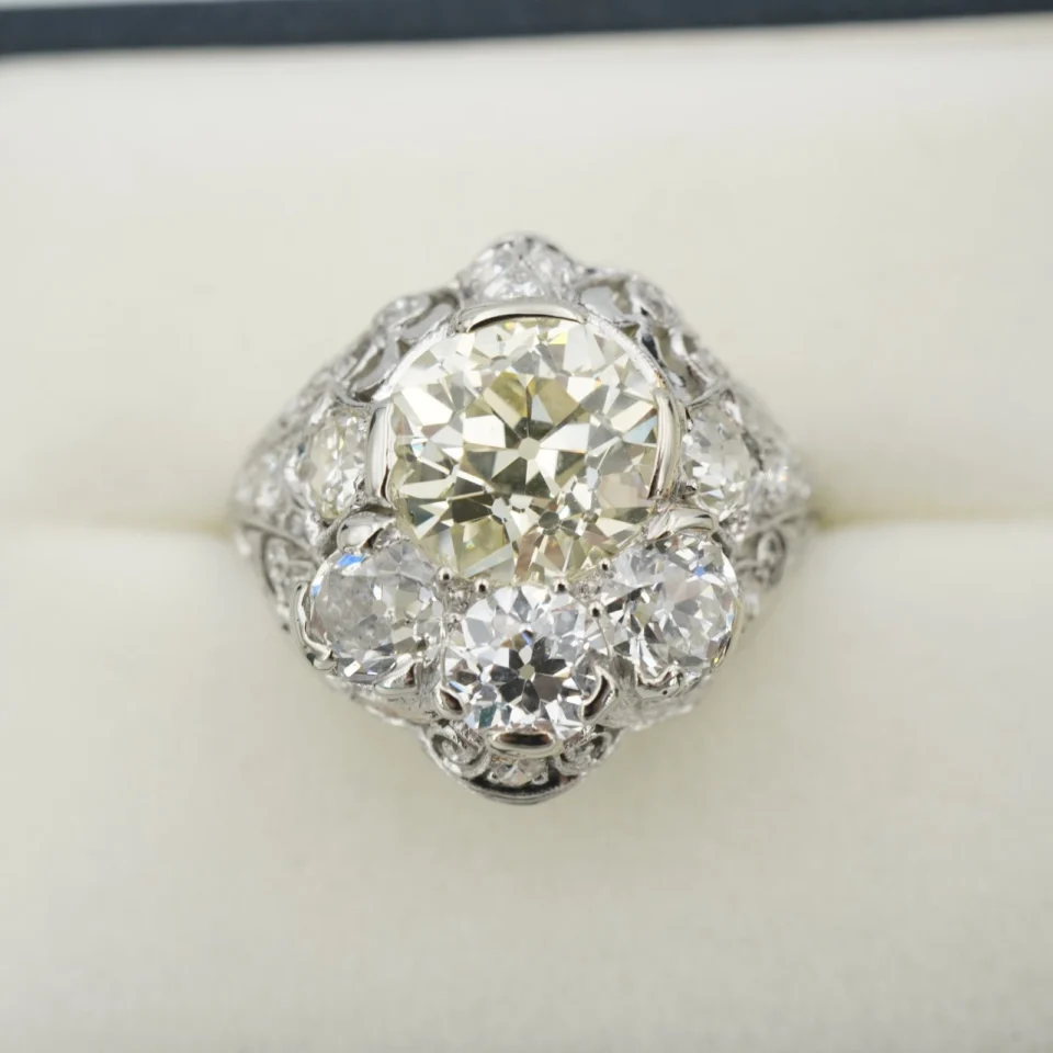 Antique Edwardian Old Mine Diamond Ring 4 ctw Platinum White Gold Size 6, view 2