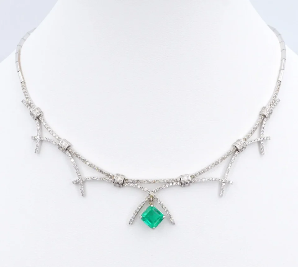 Vintage 2.5ct Colombian Emerald Diamond Bib Necklace 14k White Gold 16" NG1976