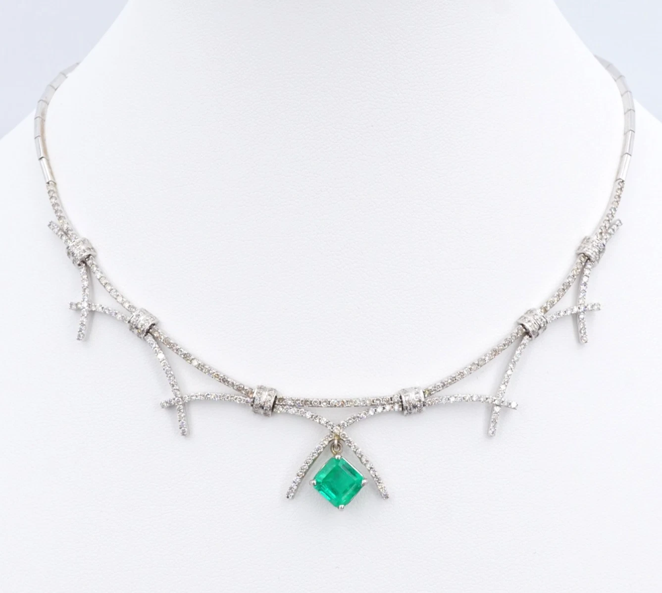 Vintage 2.5ct Colombian Emerald Diamond Bib Necklace 14k White Gold 16", view 1