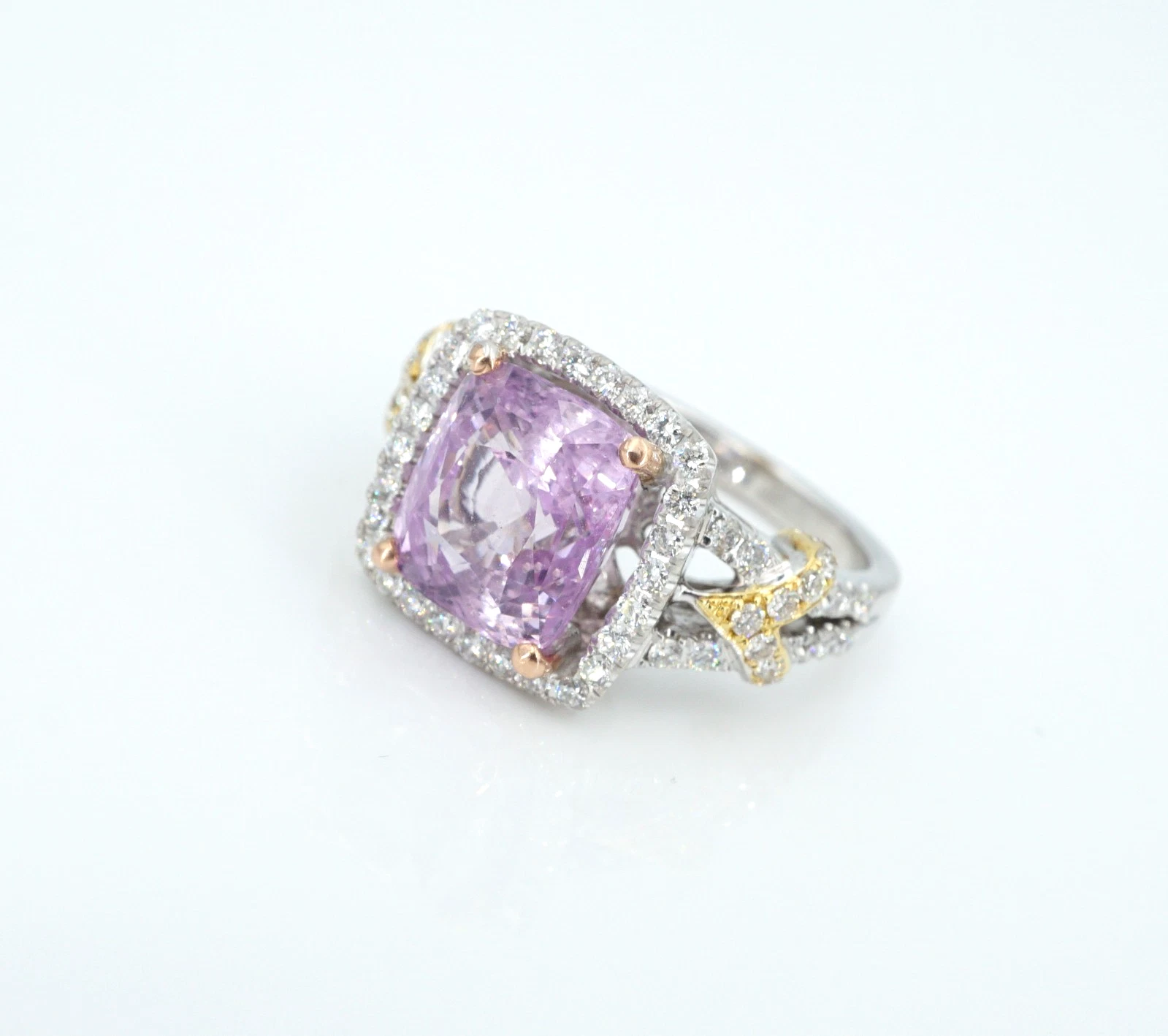 18k Pink Sapphire Diamond Halo Engagement Ring Tri Gold Size 7, view 7