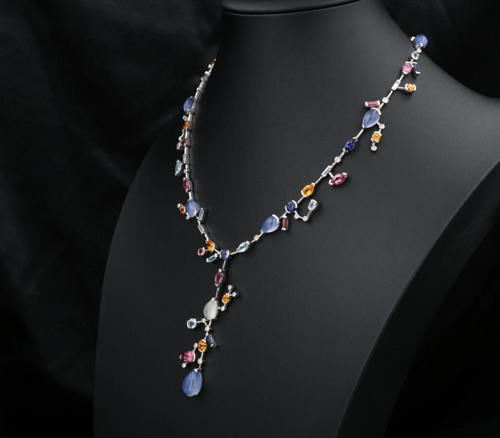 18k Meli Melo Multi-Gem Station Necklace Moonstone Diamond White Gold, view 3