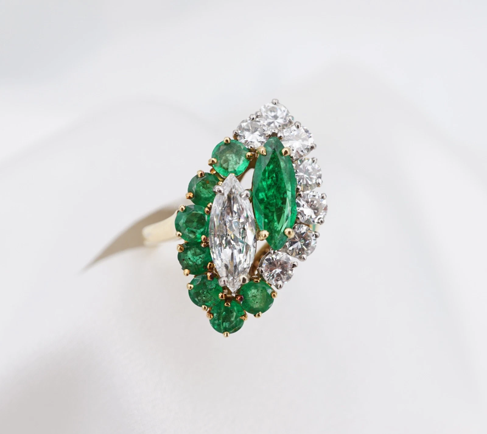 3ctw Natural Emerald Diamond Navette Toi et Moi Bypass Ring 18k Size 8.25, view 7
