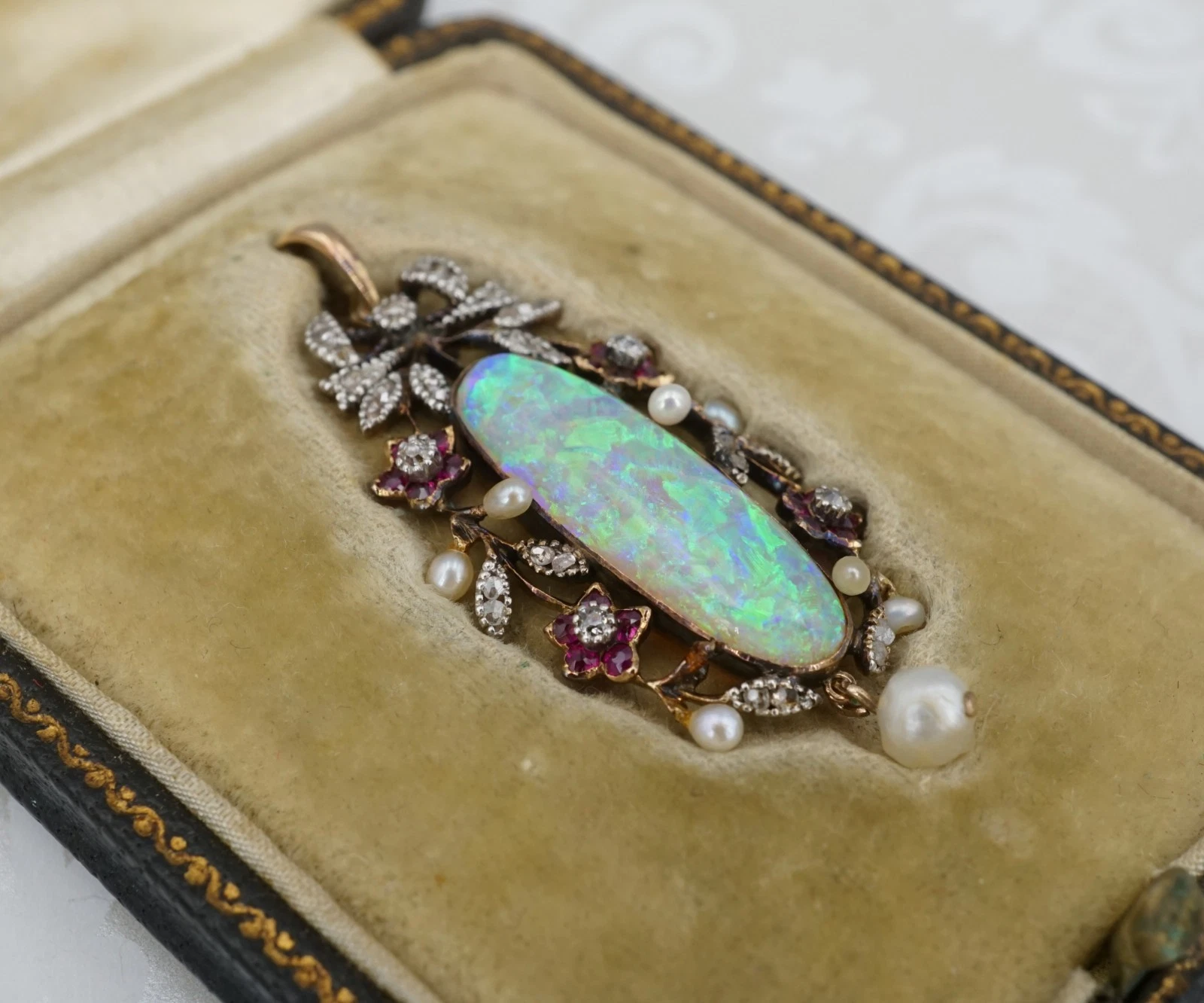Antique 18k Opal Diamond Ruby Pendant Yellow Gold Fitted Box, view 1